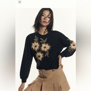NWT new XL can fit large Anthropologie floral appliqué sweatshirt black sweater